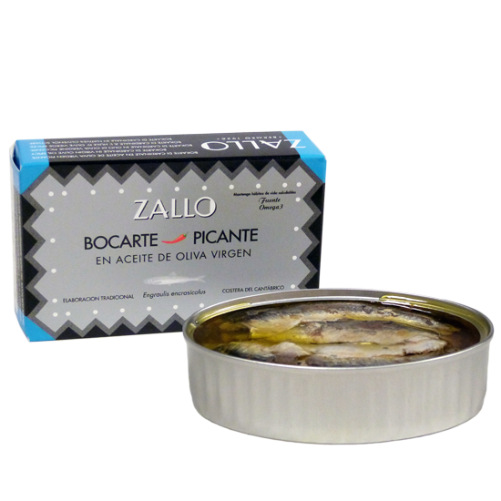 Sardine (Bocarte) în stil anșoa  în ulei picant de măsline virgine, 120 g ZALLO