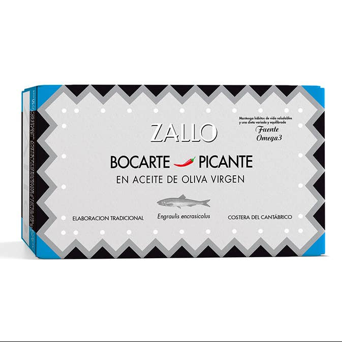 Sardine (Bocarte) în stil anșoa  în ulei picant de măsline virgine, 120 g ZALLO