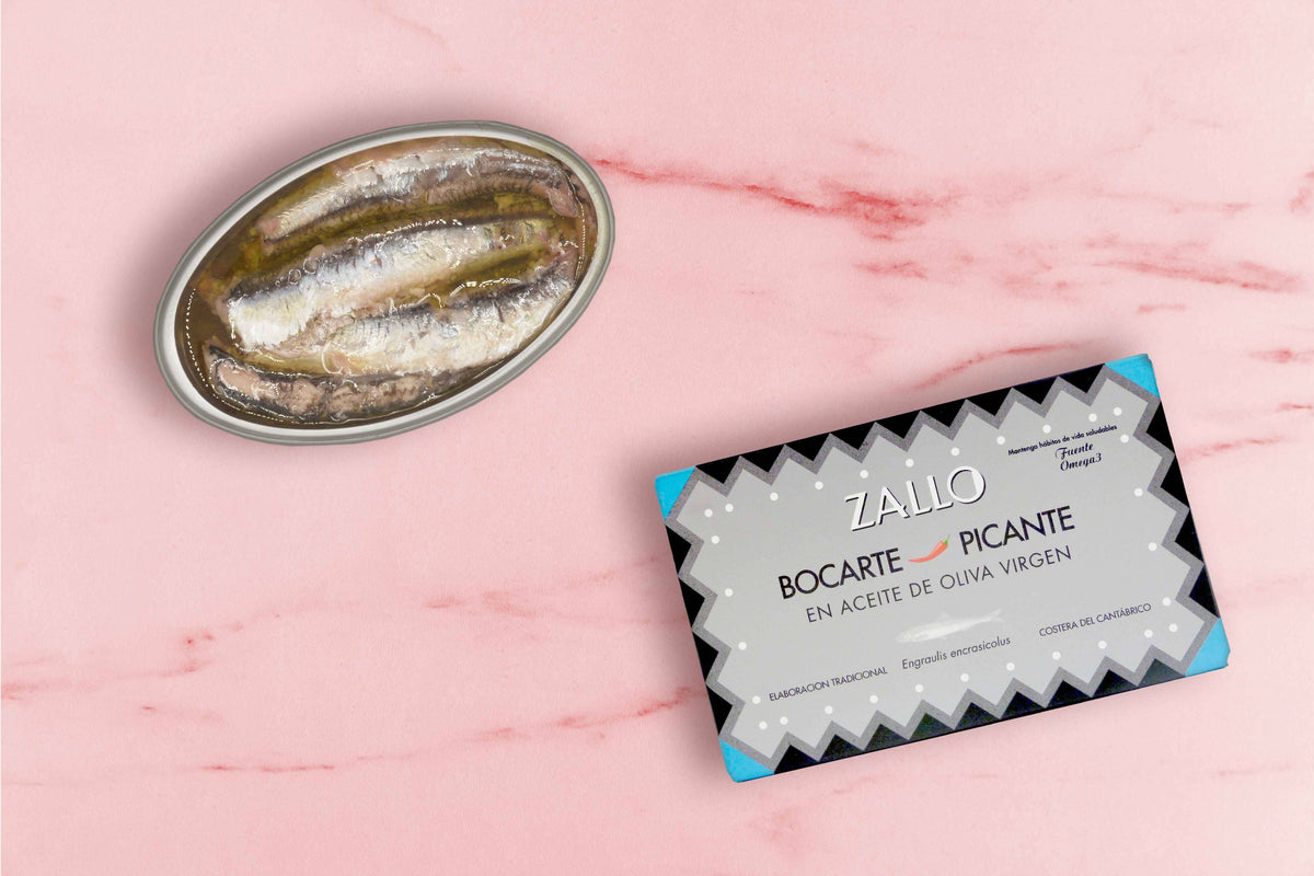 Sardine (Bocarte) în stil anșoa  în ulei picant de măsline virgine, 120 g ZALLO
