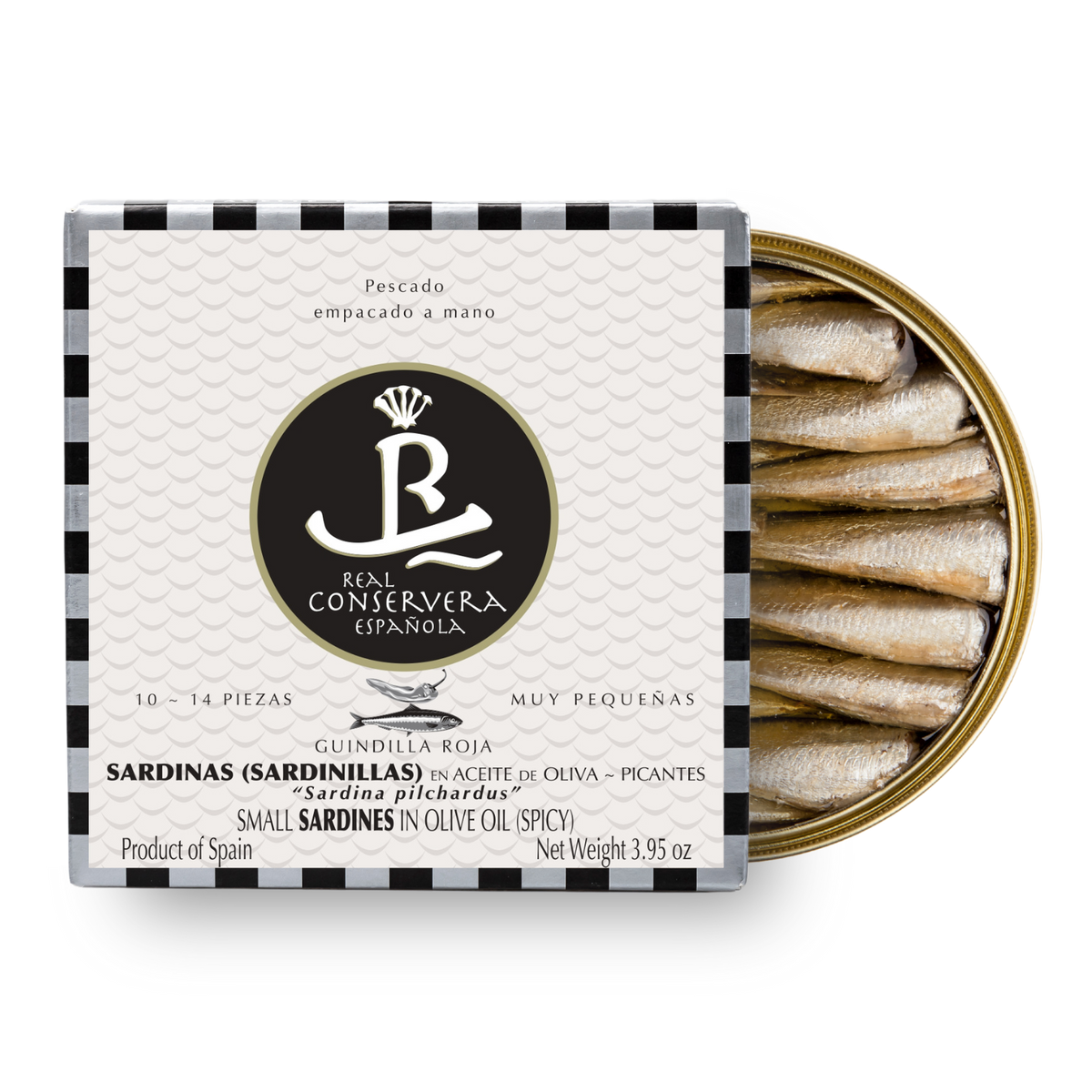 Baby sardine în ulei de măsline (picante) 10/14, 112 g - Real Conservera, Spania