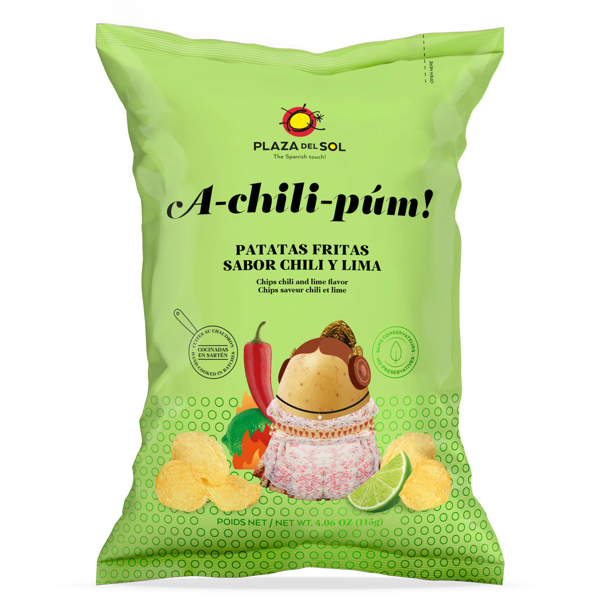 Chipsuri de cartofi cu aromă de chili și lime A-chili-púm!, 115g Plaza del Sol